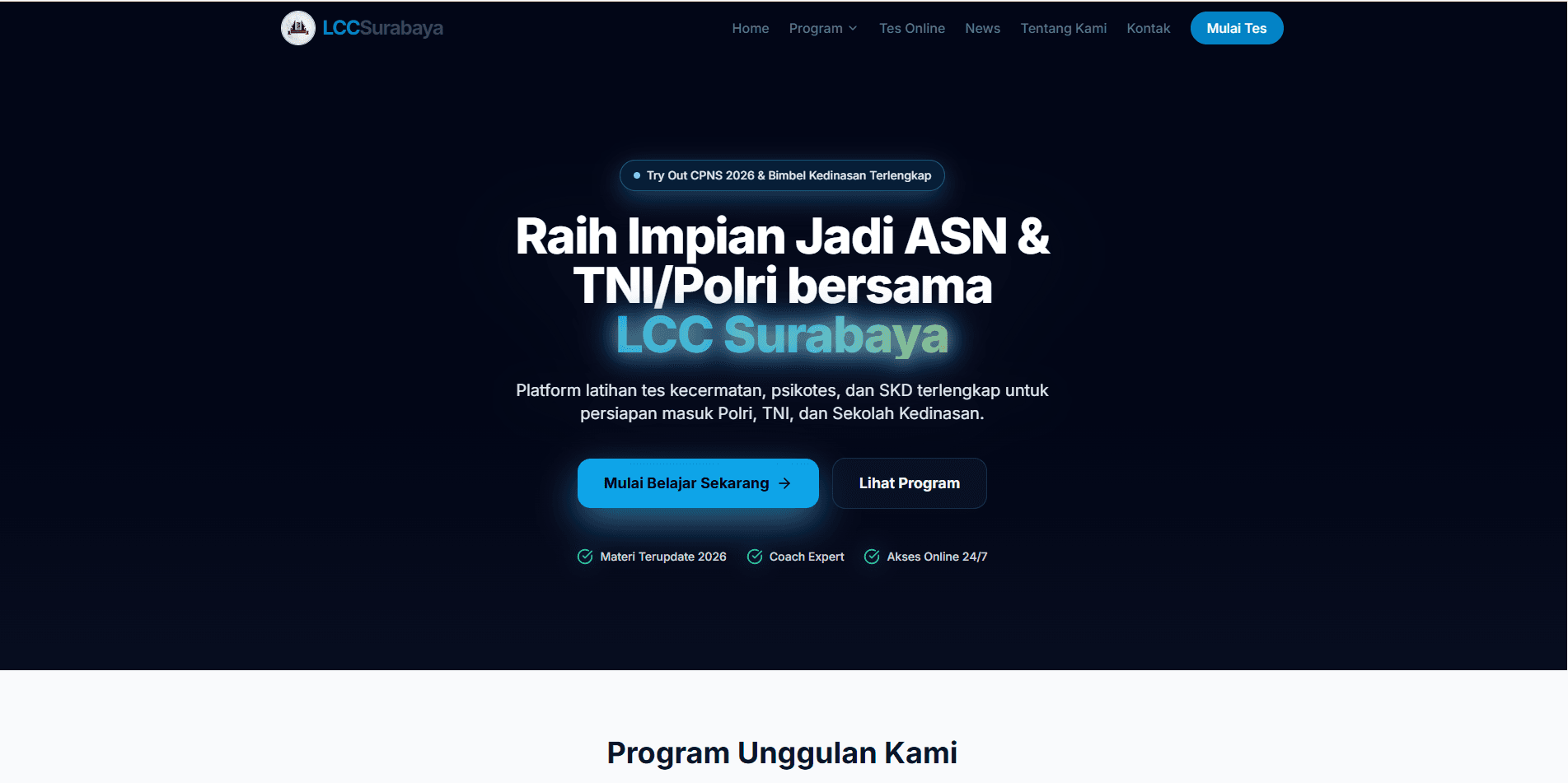 Website Bimbel Kedinasan Online — platform bimbel dengan tryout online dan e-learning, dibangun oleh Nufanas