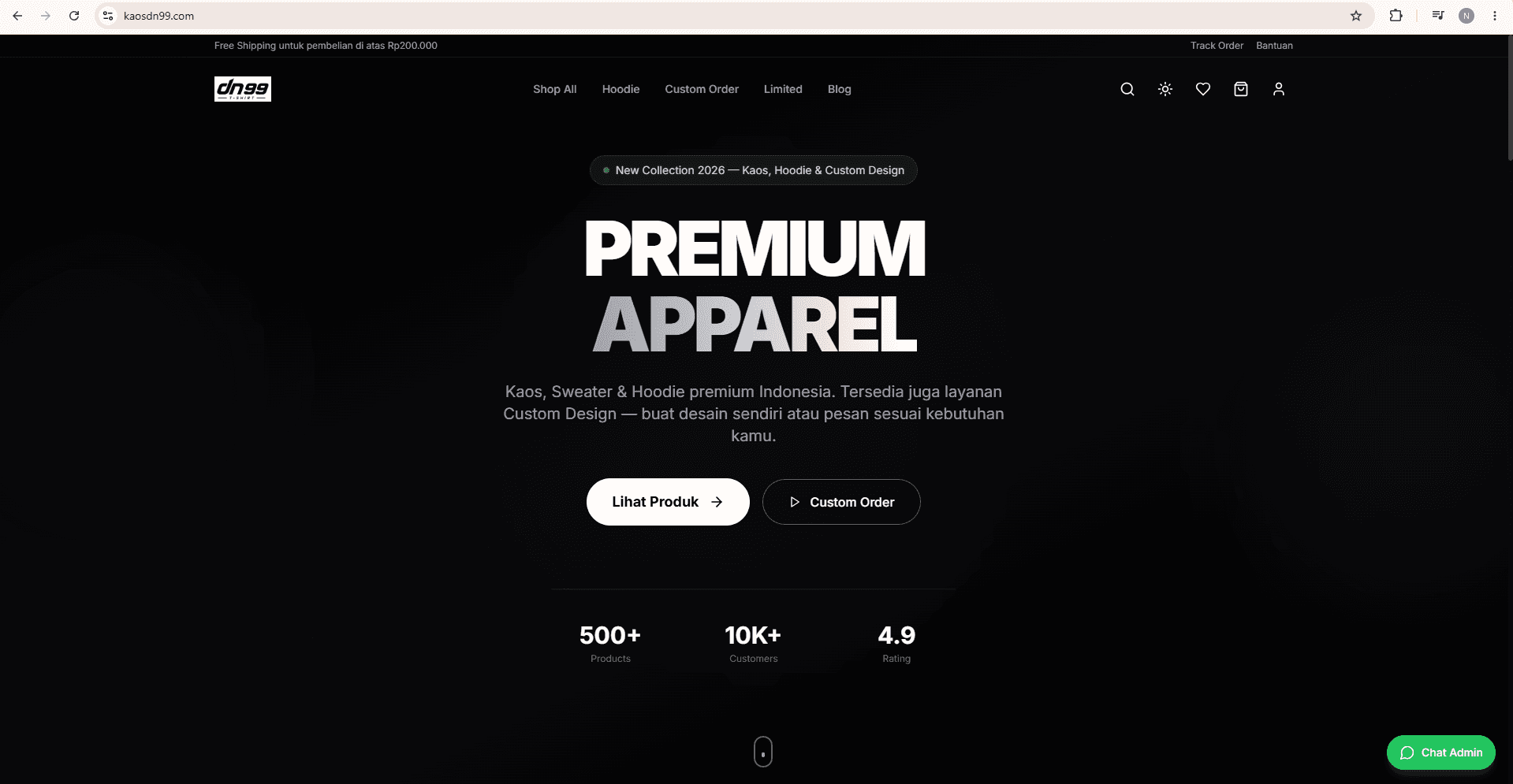 Halaman utama e-commerce KaosDN99 — toko online streetwear dengan katalog dan flash sale, dibangun oleh Nufanas