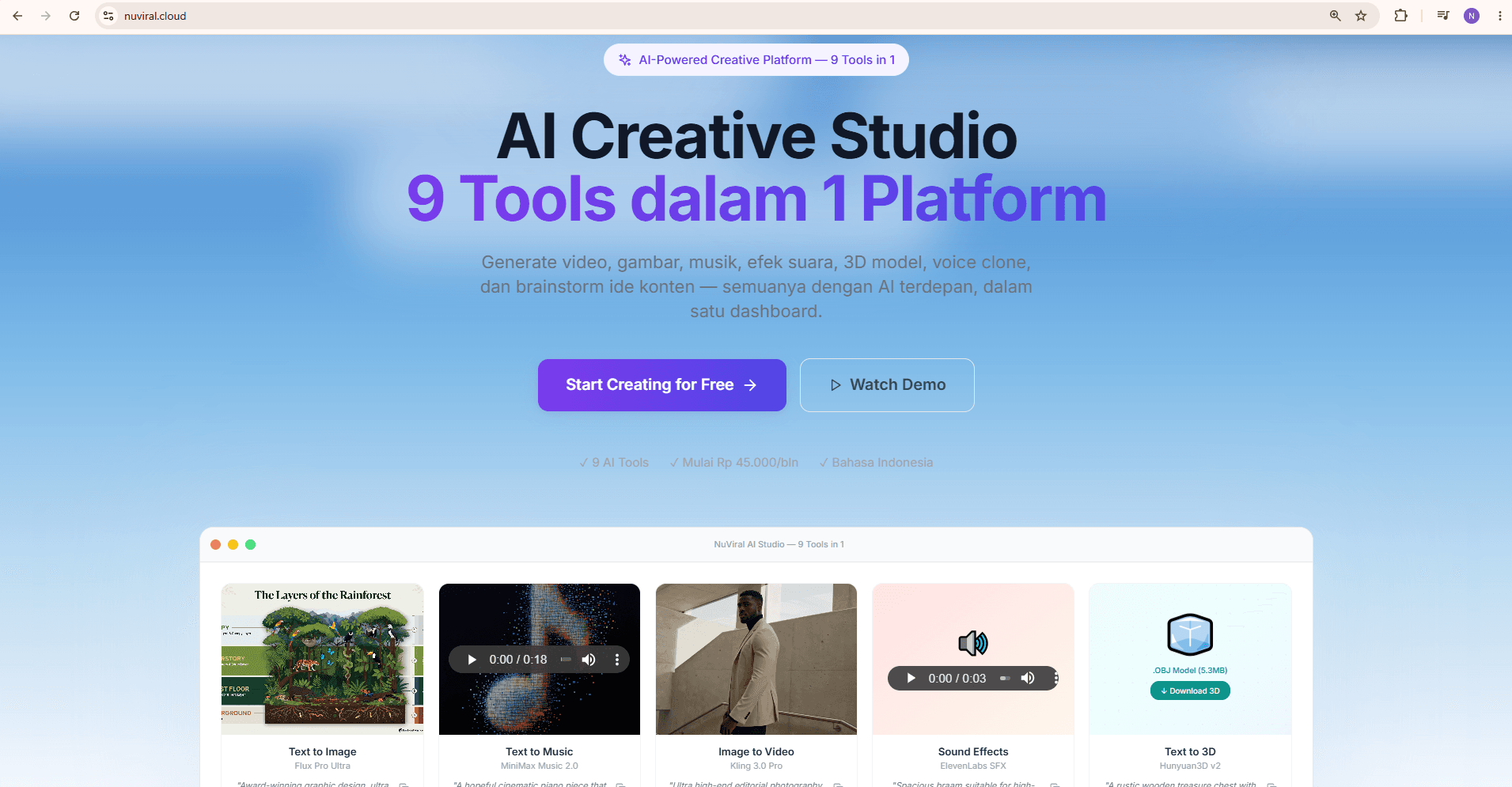Dashboard NuViral AI Creative Studio — platform AI all-in-one untuk kreator konten, dibangun oleh Nufanas