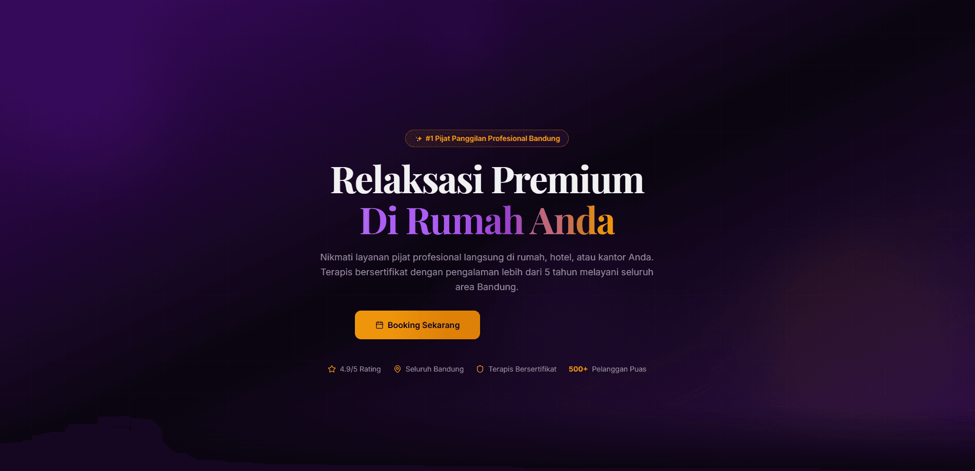 Website QueenMassage — layanan pijat panggilan dengan katalog layanan dan booking via WhatsApp, dibangun oleh Nufanas